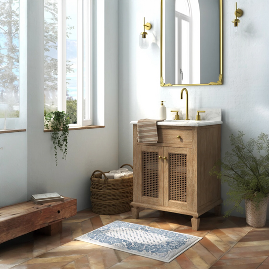 Prato Ivory Blue Traditional Washable Bath Mat System