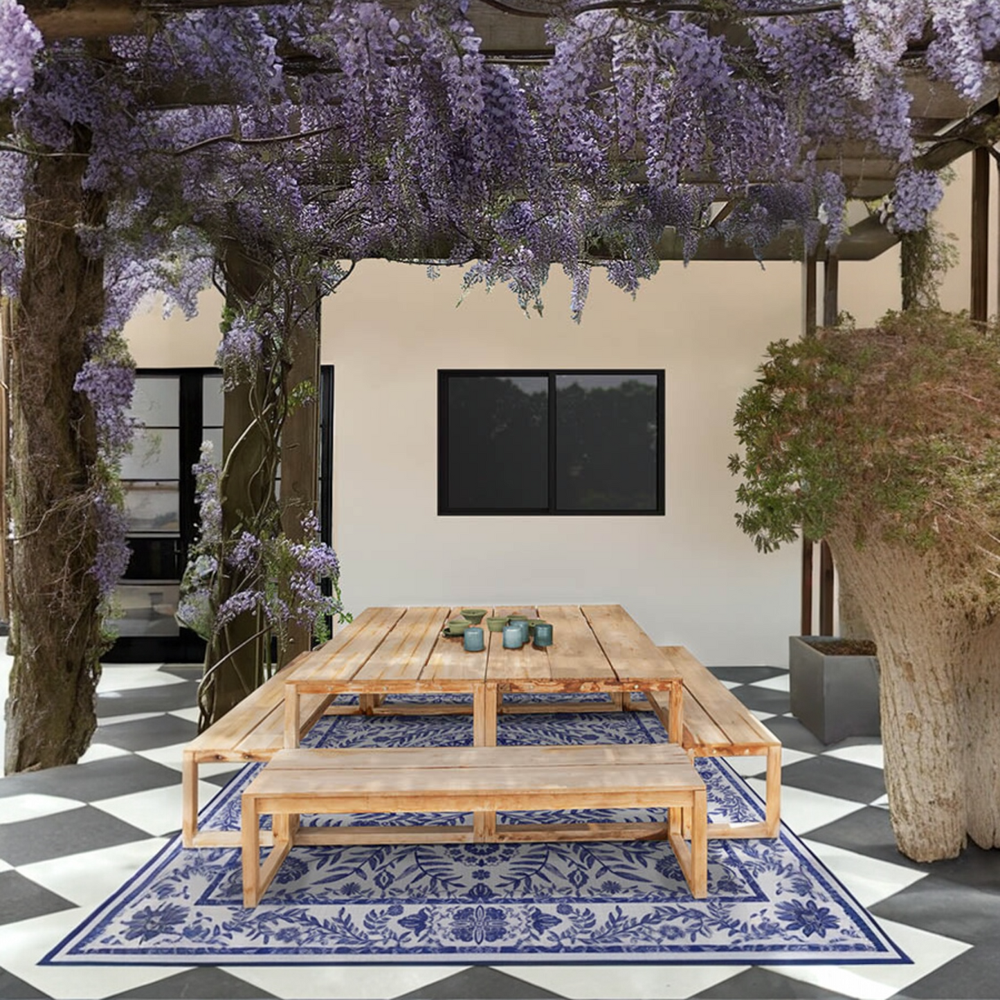 Fontaine Delft Blue Floral Washable Outdoor Rug